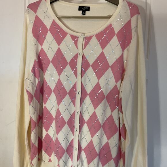 Talbots Argyle Ivory & Pink w/Sequins Button Front Sweater 1X - Picture 2 of 6